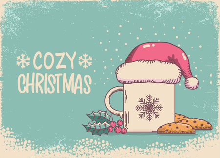 Cozy Christmas card background with beautiful cup of coffee and christmas cookies and Santa hat. Vector Vintage Tea and Coffee Holiday retro background with sugar snow text.のイラスト素材