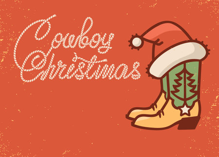 Cowboy Christmas card with Cowboy boot and rope text on vintage old poster texture background. This design captures the spirit of country style Christmas vintage red card background.のイラスト素材
