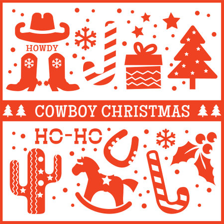 Cowboy Christmas card vector Printable illustration isolated on white background for design. Cowboy red christmas background with winter holiday decoration symbols digital Cut file.のイラスト素材