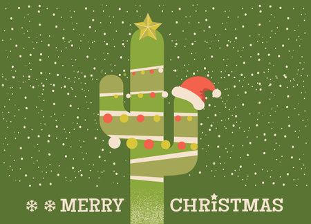 Cactus Christmas vector illustration. Charming vintage Christmas Cactus with Santa Hat and text on green background for design. This cozy, country-themed Christmas design captures the warmth of the season with a Southwestern flair. Perfect for adding a rustic, cowboy Christmas touch to holiday greetings, gifts, and decorationsのイラスト素材