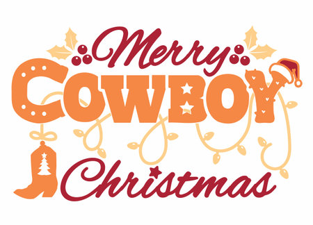 Vector Merry Cowboy Christmas printable illustration isolated on white for Design. Western Holiday Design perfect for adding a rustic, country-western touch to your holiday decorations.
Featuring a creative Christmas elements like holly, horseshoes, and cowboy boots, this vintage-style design is ideal for Christmas card printable and digital downloads. Bring the warmth of a cozy country Christmas to your home or gift it to someone who loves the rodeo life and Western charmのイラスト素材
