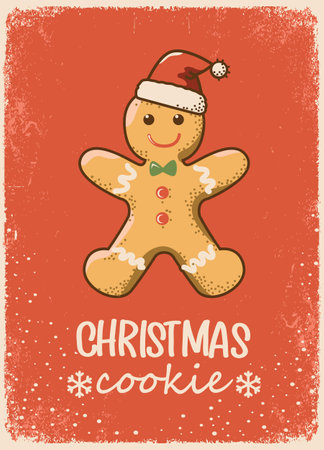 Vintage Christmas Cookies vector card illustration. Christmas red background. Featuring beautifully crafted holiday cookies in a cozy. Country-style design, this artwork evokes the warmth and nostalgia of traditional Christmas.のイラスト素材