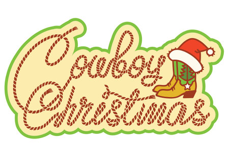 Cowboy Christmas background with Cowboy Christmas text. Cowboy boots and rope text on vintage old paper background. This design captures the spirit of country style Christmas vintage card background.のイラスト素材