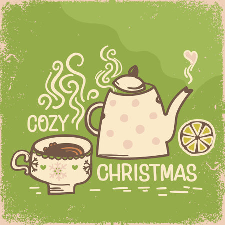 Christmas coffee card vector illustration. Cozy Christmas vintage illustration for winter holiday on old paper texture background. Sweet Christmas background. Vector Tea and Coffee Holiday retro green pink backgroundのイラスト素材