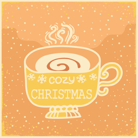 Vintage Christmas card vector illustration. Vector cozy Christmas coffee card vector illustration. Cozy Christmas vintage illustration for winter holiday on old paper texture background. Sweet Christmas backgroundのイラスト素材