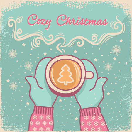 Cozy Christmas card vector snow background. Christmas illustration with hands hold cup of coffee. Vector Vintage Tea and Coffee Holiday retro background with sugar snow text.のイラスト素材