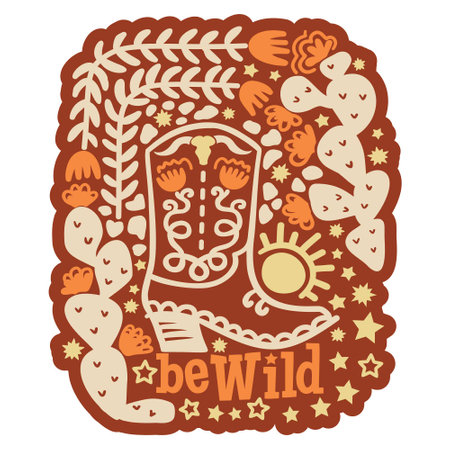 Cowboy boot with cactus decoration and western design text Be Wild. Vector wild west illustration for printing isolated on white backgroundのイラスト素材