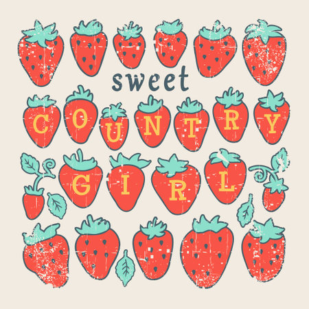 Strawberry vector print vintage illustration. Red strawbbery country girl hand drawn pattern floral decoration on old paper texture background for design or printのイラスト素材