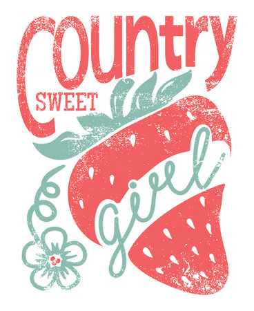 Country girl vector vintage illustration. Strawberry girl text with scratched effect printable for tshirt design isolated on white background.のイラスト素材