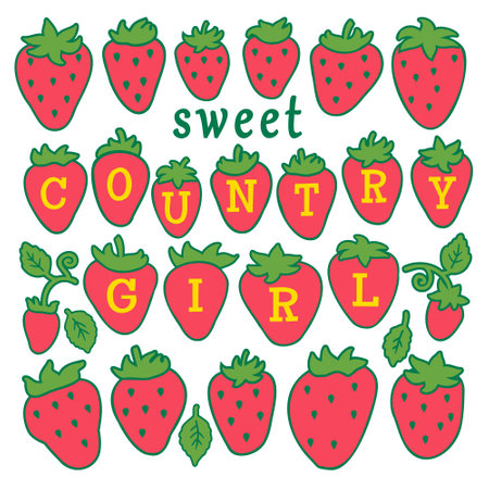 Strawberry vector print illustration with text Country sweet girl. Red strawbbery country girl hand drawn pattern floral decoration for design or printのイラスト素材