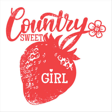 Country girl vector vintage illustration. Strawberry girl text with scratched effect printable for tshirt design isolated on white background.のイラスト素材