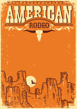 American Rodeo Poster vintage old paper background for text or design. Vector antique poster with Rodeo lettering and cow skull decorationのイラスト素材