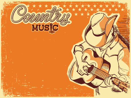 Country Music poster with Man cowboy hat playing guitar. Vector country music festival poster on old paper background for text or designのイラスト素材