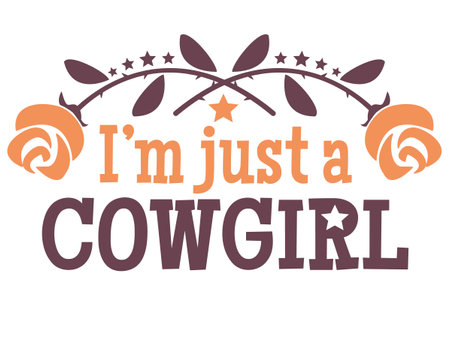 I'm Cowgirl vector printable illustration for design. Vector symbol of Cowgirl text lettering with floral and stars decor isolated on whiteのイラスト素材