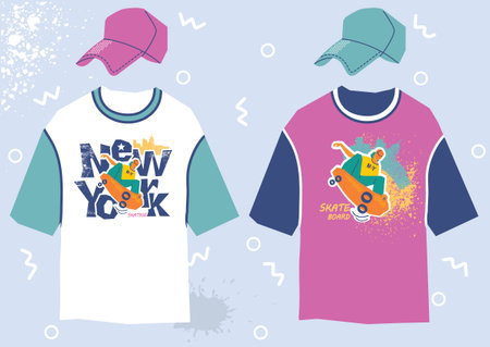 Urban t-shirt skateboard New York design with skater printable illustration. Vector color tshirt fashion clothes for cute skaters with street style typography isolated for designのイラスト素材