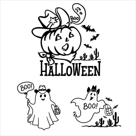 Howdy Halloween pumpkin with cowboy hat and ghost set of illustration. Vector Happy Halloween cowboy printable illustration funny season pumpkin isolated on white for designのイラスト素材