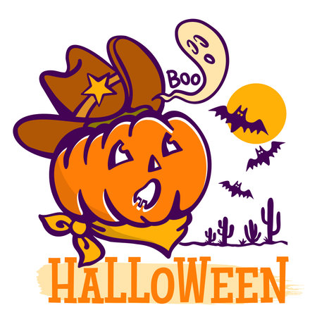 Howdy Halloween pumpkin with cowboy hat and ghost vector color illustration. Vector Happy Halloween cowboy printable illustration funny season pumpkin isolated on white for designのイラスト素材