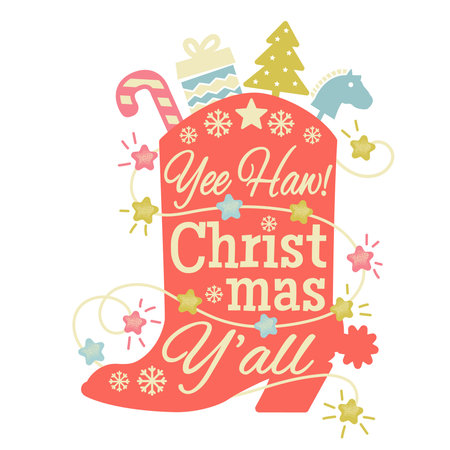 Cowboy Christmas vector illustration with Cowboy boot silhouette and Christmas lights Holiday decoration on white background with text. This design captures the spirit of country style Christmas.のイラスト素材
