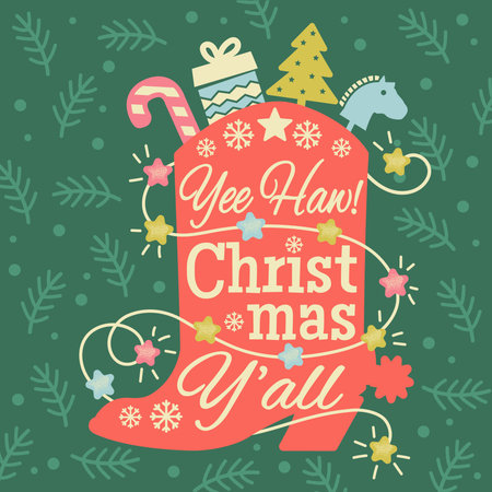 Cowboy Christmas with Cowboy boot silhouette and Christmas lights Holiday decoration on green background with text. This design captures the spirit of country style Christmas.のイラスト素材