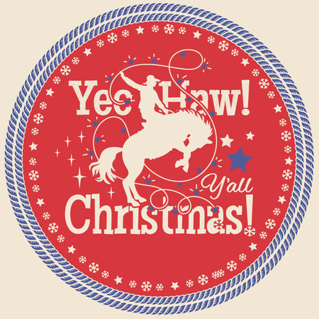 Western Christmas label vector illustration with cowboy riding a bucking horse with the festive phrase âYee Haw! Yâall Christmas!â in a circular rope frame. Decorated with stars, snowflakes, and a red, white, and blue color palette. Perfect for cowboy-themed holiday cards, rustic Christmas posters, western stickers, and southern holiday decorations.のイラスト素材