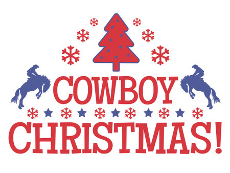 Western Christmas vector illustration with cowboy riding wild horse with the cheerful phrase âCowboy Christmas!â in a vintage bandana frame. Decorated with stars, paisley patterns, and snowflakes in red, white, and blue colors. Perfect for country Christmas cards, cowboy-themed holiday posters, rustic winter decor, and southern festive designsのイラスト素材