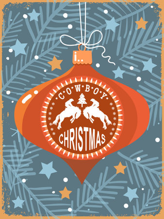 Cowboy Christmas vintage card with ornament Western Holiday ball decoration vector illustration on old paper texture. Western Christmas holiday ball decorated with cowboy elements, horses, stars, snowflakes and Christmas tree elements. This vintage Western style holiday design is perfect for Christmas cards, posters, gift tags, winter invitationsのイラスト素材