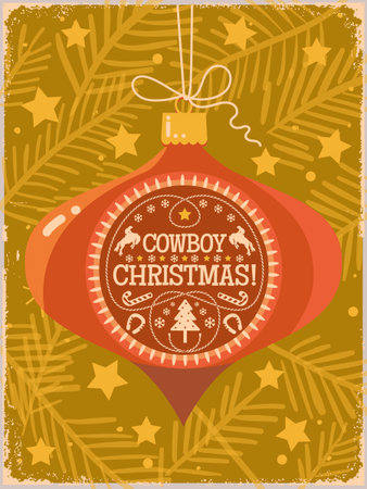 Cowboy Christmas vintage poster with ornament Western Holiday ball decoration vector illustration on old paper texture. Western Christmas holiday ball decorated with cowboy elements, horseshoes, stars, snowflakes and Christmas tree elements. This vintage Western style holiday design is perfect for Christmas cards, posters, gift tags, winter invitations and festive dÃ©cor. Ideal for Western, country, ranch and cowboy Christmas themes.のイラスト素材