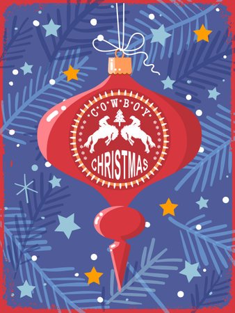 Cowboy Christmas vintage card with ornament Western Holiday ball decoration vector illustration on old paper texture. Western Christmas holiday ball decorated with cowboy elements, horses, stars, snowflakes and Christmas tree elements. This vintage Western style holiday design is perfect for Christmas cards, posters, gift tags, winter invitationsのイラスト素材