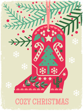 Cowboy Christmas card with Boot Happy Holidays Yâall Vector illustration.
Western Christmas vector vintage illustration with white cowboy boot text Happy Holidays Yâall! lettering golden stars, decorative string and green pine branches. Perfect for holiday cards, Southern Christmas designs, country-themed invitations, stickers, sublimation, posters and seasonal decor.のイラスト素材