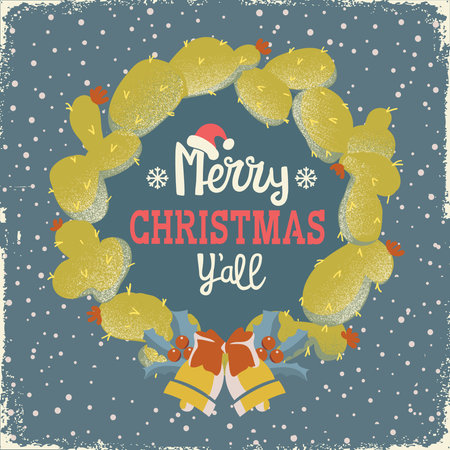 Cactus Christmas Wreath with bells Western Holiday vintage card vector illustration.
Western style Christmas wreath made of yellow cactus pads, decorated with holly leaves, berries and holiday bells. Vintage rustic background with snow texture and warm typography reading Happy Holidays Yâall!のイラスト素材