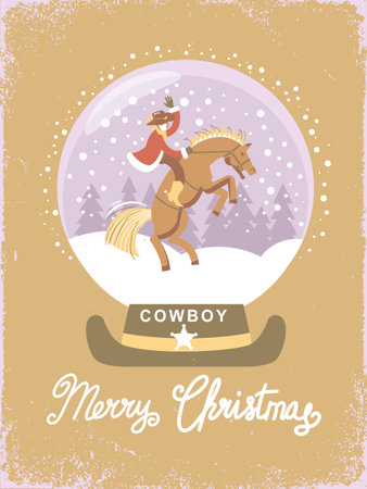 Cowboy Christmas vintage card illustration. Cowboy riding horse in snow globe western Christmas vector illustration on old paper texture. The artwork includes falling snow, winter trees, and vintage holiday styling. Perfect for Christmas cards, Western holiday designs, stickers, gift tags, and seasonal digital downloads.のイラスト素材