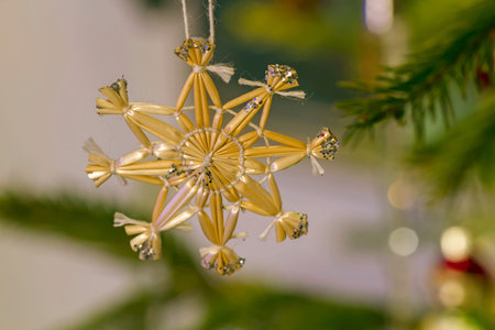 Green Christmas tree with different decorationの写真素材