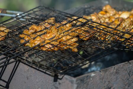 Shashlik chicken cooking on the grillの写真素材
