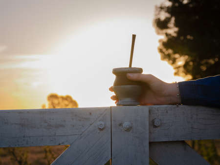 hand is holding a mate in the sunsetの写真素材