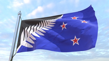 Flag of the country New Zealand weaving in the air. Flying in the sky.の写真素材
