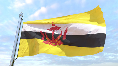 Flag of the country Brunei weaving in the air. Flying in the sky.の写真素材