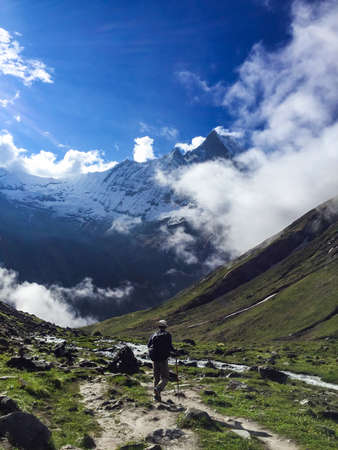 Hikers hiking in Nepalの写真素材