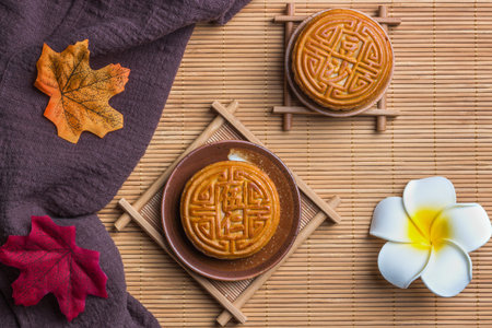 Mid-Autumn Festival moon cake on the plateの写真素材
