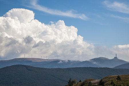 View on the Buzludzha abandoned communist monument in the Balkan mountains from Shipka freedom...