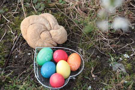 Easter Eggs and Easter Bread on a meadowの写真素材