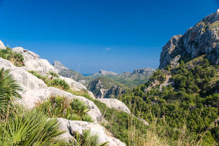 Panoramic view of Cape Formentor and the Mediterranean Sea on a sunny day.の写真素材