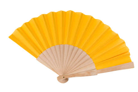 Yellow Open Hand Fan Isolated on a White Background. Studio shot.の写真素材