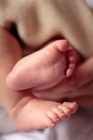 Babys feet in mother hands closeup. Shallow depth of field.の写真素材