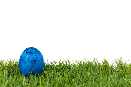 Blue easter egg on green grass on white isolated background studio shotの写真素材