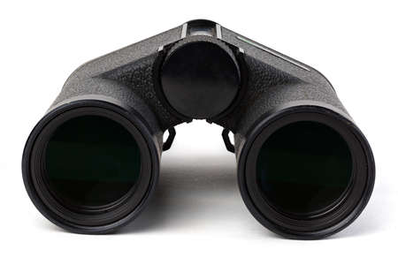 Black binoculars isolated on white background studio shot. Focus stacking. Extreme depth of field.の写真素材