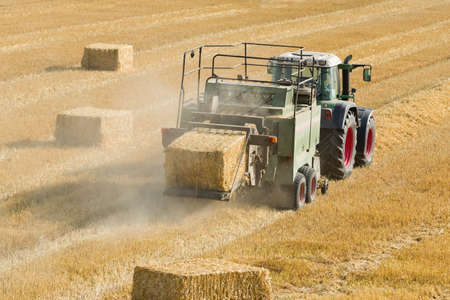 Tractor collects dry hay on the farm field and makes hay bales rear viewの写真素材
