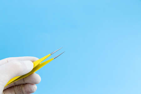 Yellow Tweezers in doctors hands in white medical gloves isolated on blue background copy space. Studio Shot.の写真素材