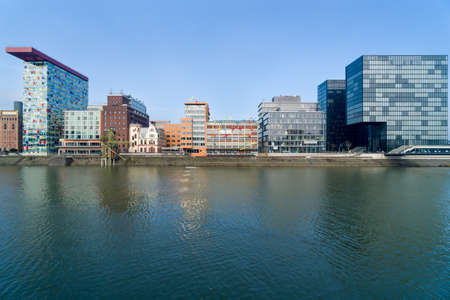 DUSSLEDORF, GERMANY - FEBRUARY 7, 2018: Julo-Levin-Ufer in Media Harbour Dusseldorf with Roggendorfer Haus building in the morningのeditorial素材
