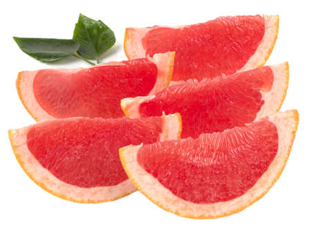 Five grapefruit slices isolated on white backgroundの写真素材