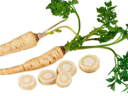 raw parsley root and its slices isolated on whiteの写真素材